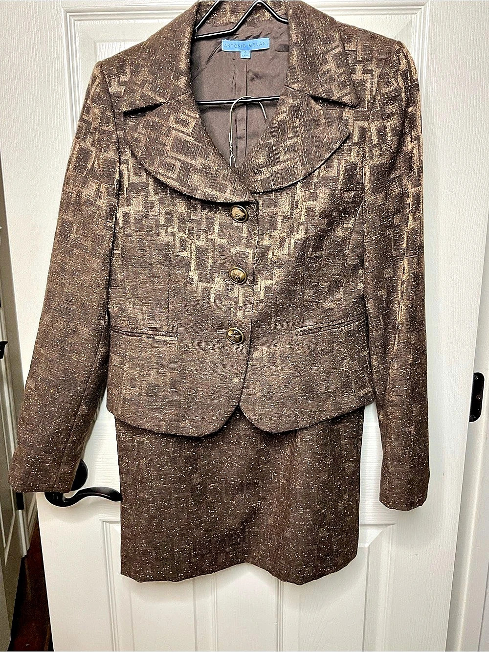 Antonio Melani Brown Abstract Blazer Skirt Suit Size 4 Skirt Size 2 Like New